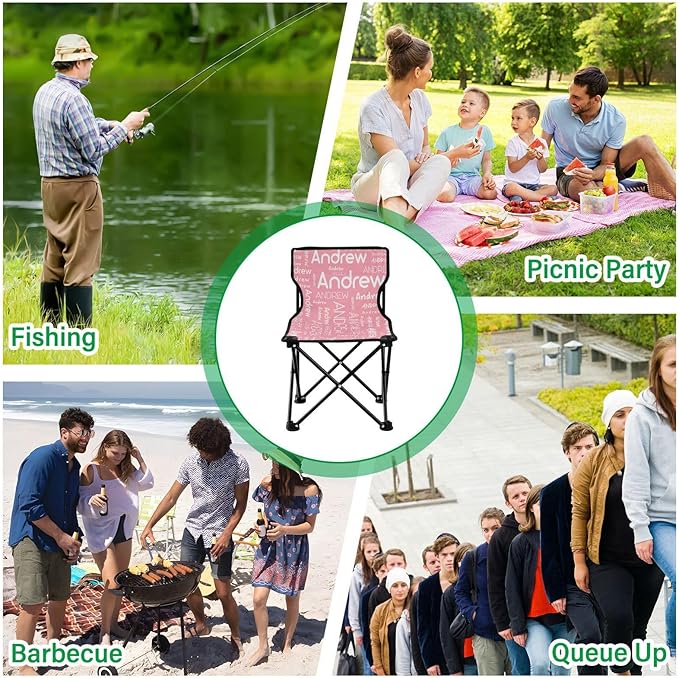 Sinestour Pink Custom Folding Camping Chair for Teen Child Personalized Name 14.6×14.6in Portable Outdoor Chair with Carry Bag for Travel Picnic Barbeques