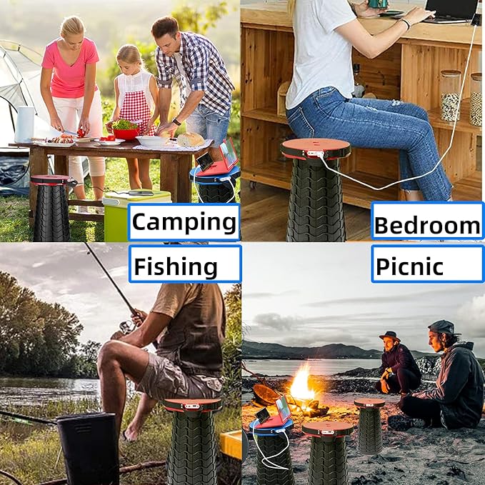 Portable Telescopic Stool with Mobile Charger 4400mAh Collapsible Stool Built-in Phone Charger for iPhone Android Foldable Seat for Camping Hiking Fishing Picnic Max Load 400lbs
