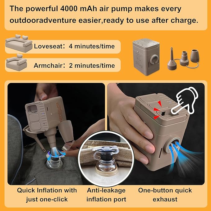 Inflatable Sofa with Built-in Pumpself Inflatable Couch Rechargeable Support 880 lbsAir Sofa for Camping HomeTravelOutdoor (Round Single Sofa Khaki) | Outdoor Camping Sofa Self Inflatable Sofa
