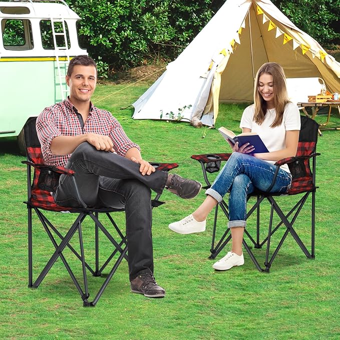 SUNNYFEEL Oversized Folding Camping Chair 2 Pack 800 LBS Heavy Duty for Big Tall People Red Padded Portable Collapsible Chairs with Armrest Cup Holder &amp Pocket for Outdoor Travel Picnic Camp Sport