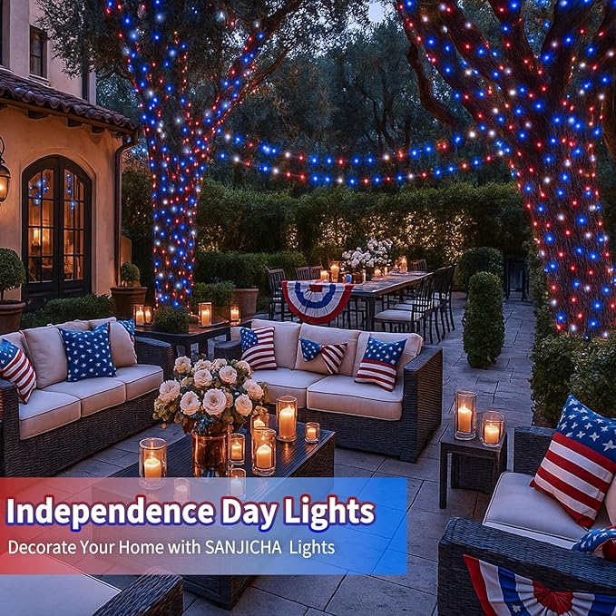 4 Pack Red White and Blue Solar String Lights 320LED 180FT 4th of July Decorations Outdoor Waterproof 8 Modes Patriotic Solar Fairy Twinkle Lights for Independence Memorial National Day Decorations