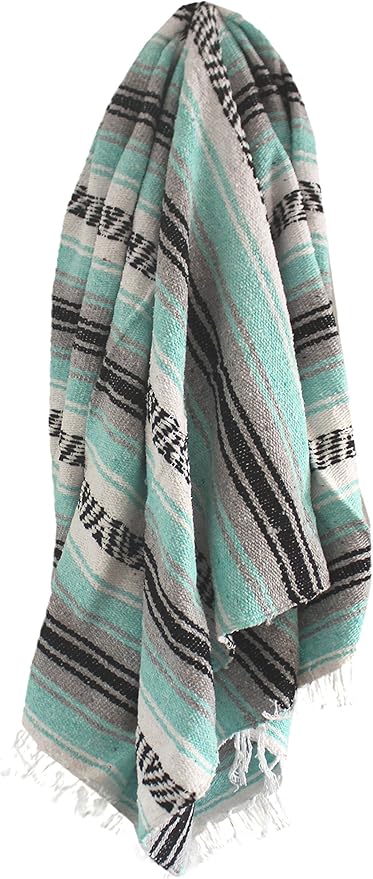 Del Mex Classic Mexican Blanket Large Authentic Woven Falsa Throw (70x50) Artisan Southwest Décor for Beach Yoga Outdoors (Mint/Gray)