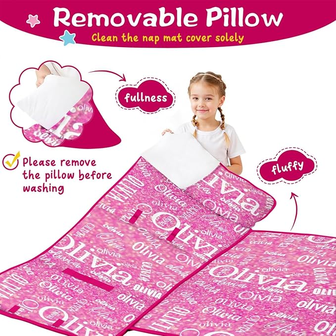 Personalized Name Toddler Nap Mat for Daycare Preschool Kindergarten Customized Kids Sleeping Bag with Pillow and Blanket for Girls Boys Custom Name Monogrammed Nap Mats for Toddlers