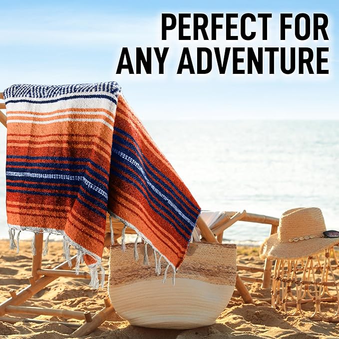 Authentic Large Handwoven Mexican Blanket - Soft Yoga- Durable Serape- Lightweight Falsa Beach Camping Picnic Outdoor Blanket 70x50 - Orange Gold