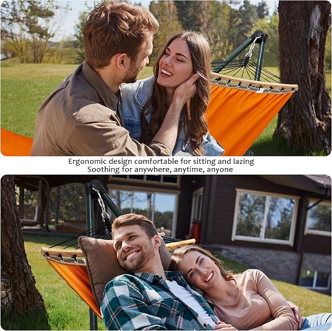 Tranquillo Sturdy Steel Hammock with Stand Premium Cotton Canvas Hammock 600 lbs Capacity Hammock Stand Folding Portable 30-Second Fold Unfold Hammock for Camping Orange