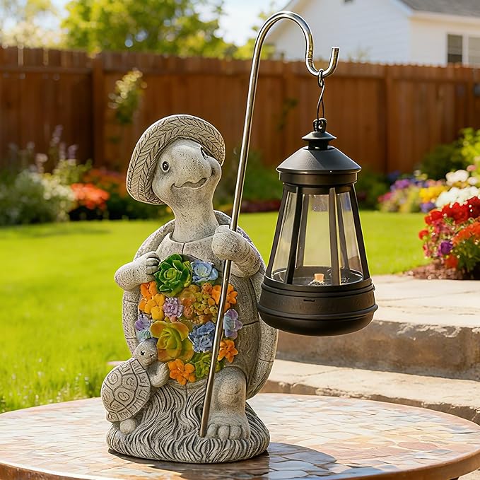 Solar Garden Outdoor Statue Turtle with Hanging LED Lantern —Outside Solar Turtle Decor for GardenHomeLawnYard Balcony Ornament- Unique Housewarming Gifts