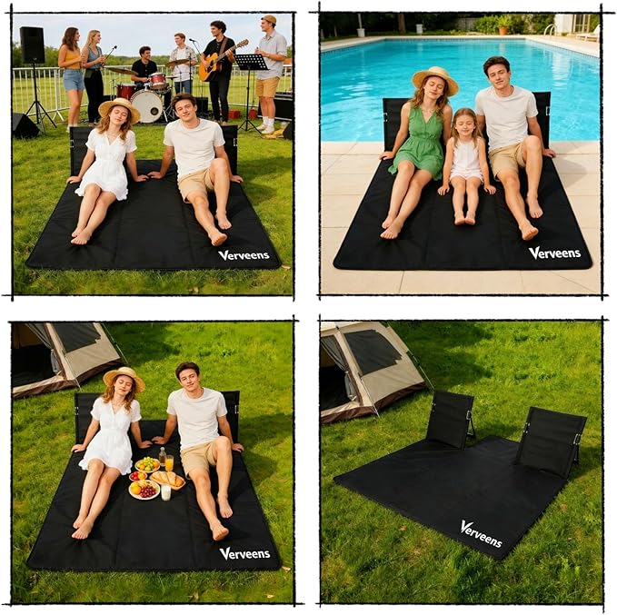 2-Person Portable Beach Lounge Chair with Carry Bag - Lightweight Outdoor Picnic Mat with Back Support for Beach Picnic Concerts Camping &amp Park (Black)