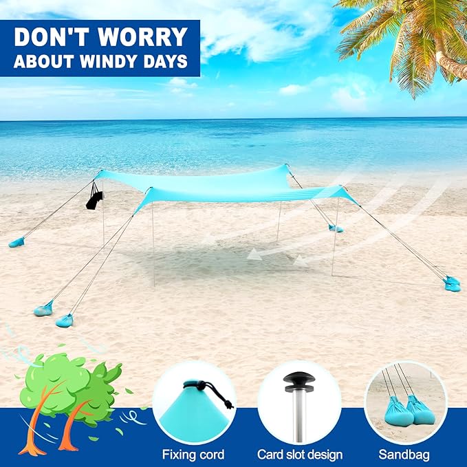 Beach Tent Sun Shelter with UPF50+ Protection Grande Beach Tent for Family Vacation Outdoor Beach Shade Canopy with 4 Pole and 8 Sandbags for Camping Fishing Backyard Fun (10×10FT)