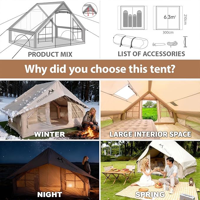 Inflatable Tents for Camping Large Inflatable Camping Tent with Hand Pump Easy Setup Tents for 4-6 People Portable Glamping Tent