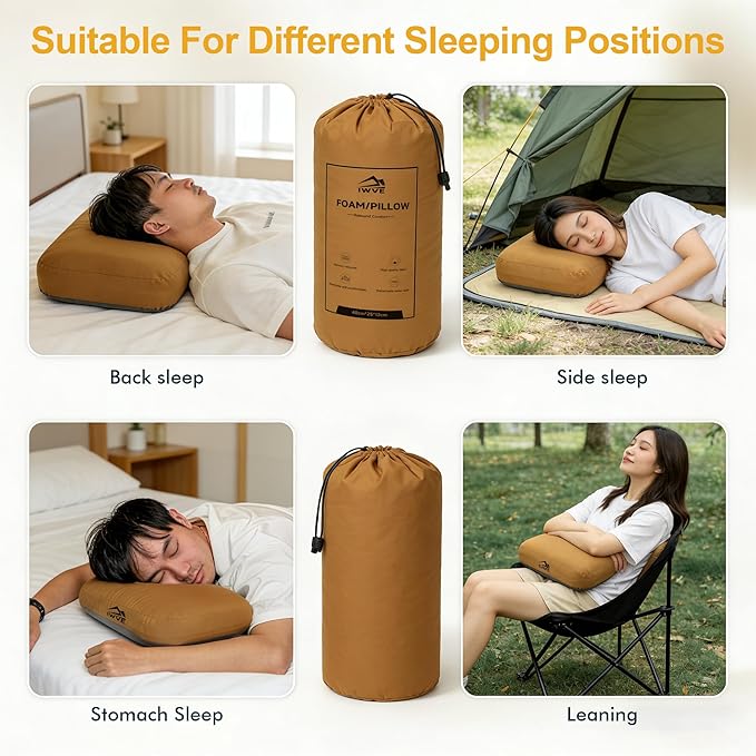 Thick Camping Memory Foam Pillow Compressible &amp Ultralight Travel Pillow for Backpacking - Ergonomic Neck &amp Lumbar Support for Side Sleepers Compact for Hiking Car Airplane