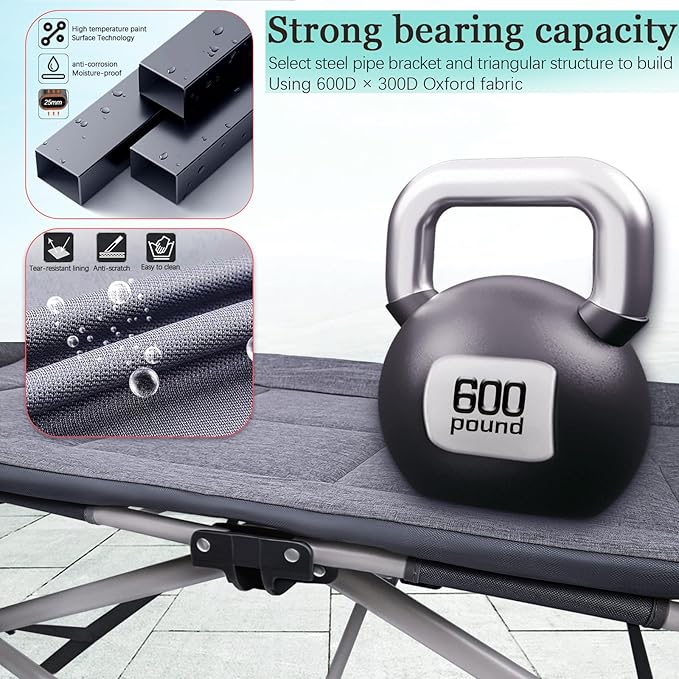 KAKO Folding Camping Cot Heavy Duty 600 Lbs Portable Bed for Adults Camping Beds with Carry Bag Grey