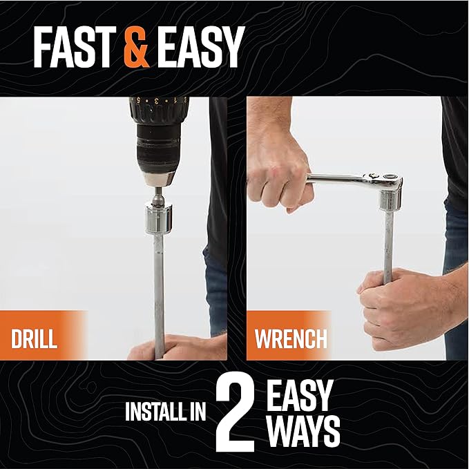 GROUNDGRABBA Screw in Tent Stake for Normal to Hard Ground | Premium Drill Driven Ground Anchor Earth Screws | 2X Pro I Stakes (1.5 Foot) 2X Closed Hooks 1X 5/8 Hex Socket Driver