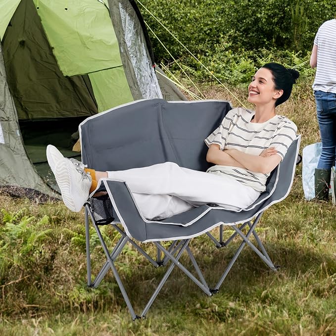 Tangkula 2 Person Camping Chair Portable Oversized Outdoor Folding Camp Chair Loveseat with Padded Seat Cup Holder Carry Bag Heavy Duty Lawn Chair for Beach Fishing Travel (Gray 2-Person)