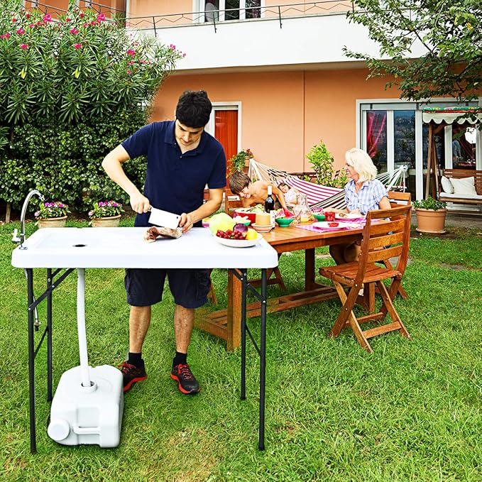 Fish Cleaning Table with Sink Portable Camping Table w/Flexible Faucet Drainage Hose Hook Up Outdoor Fish Cleaning Station for Garden Backyard Kitchen