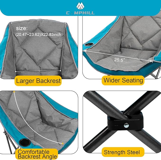 CAMPHILL Folding Camping ChairOversized Portable Camping Chair with Cup Holder and Phone HolderHeavy Duty Padded Lawn Chair for CampingTailgatesBeachand SportsLake Blue