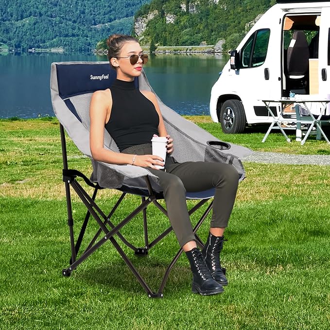 SUNNYFEEL Lightweight Oversized Camping Chairs for Adults Portable Folding Chair with Side Pockets &amp Cup Holde for BeachFishingTripPicnicLawnConcert Outdoor Carry Bag Included