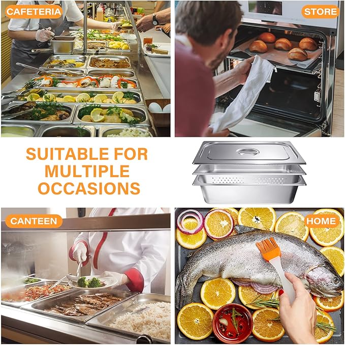 Ferraycle 3 Pack Full Size 4 Inch 6 Inch Hotel Pan with Lid Perforated Steam Table Pan Restaurant Supplies for Kitchen Steam Table Tray for Food Warmer