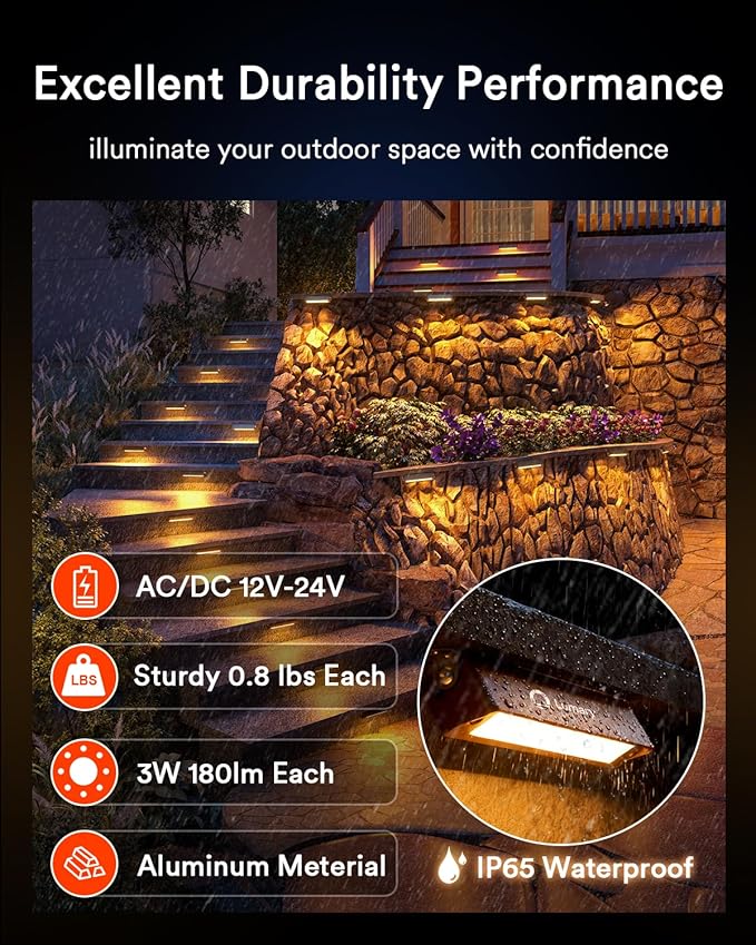 Lumary 8 Pack 12-24V Low Voltage Retaining Wall Lights with Hub 7 Inch Smart LED Hardscape Paver Lighting 2200K-6500K RGBCW Color Changing Outdoor Landscape for Step APP/Remote/Voice Control Brown