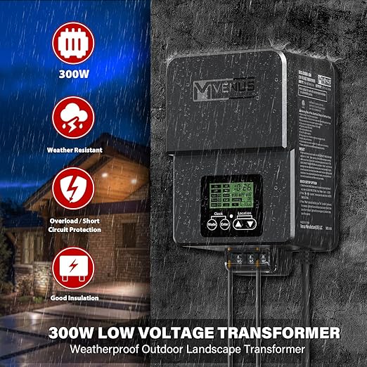 VENUS MANUFACTURING Outdoor Low Voltage Transformer 300W Landscape Lighting Transformer with Timer and Built-in Photo Sensor 120V AC to 12V-15V AC for LED Spotlight Pathway Garden Lighting