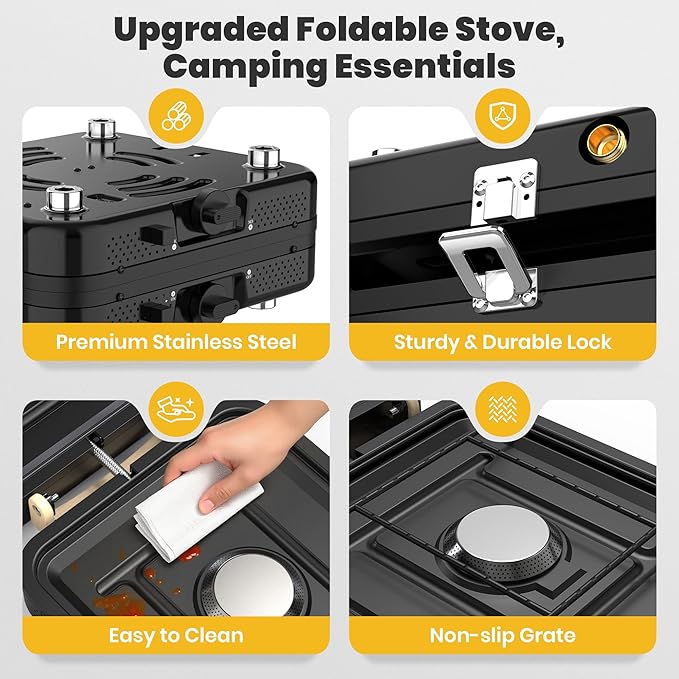 2 Burner Camping Propane Stove Portable Folding Propane Stove with Carrying Bag Adjustable High Heat Burners &amp Piezo Push-Button Instant Ignition Outdoor Tailgating Backyard BBQ Camping Essent