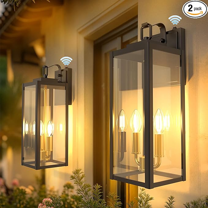 DORESshop 18 Dusk to Dawn Outdoor Wall Lights 2-Light Black &amp Gold Outdoor Wall Sconce Lantern with Clear Glass Tall Transitional Exterior Light Fixtures for Porch Garage ETL Listed 2 Pack