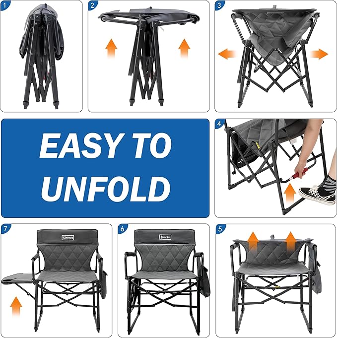 Oversized Directors Chairs Heavy Duty Folding Outdoor Chairs with Detachable Side Pocket and Adjustable Side Table for OutsideLawnFishing Folding Camping Chair up to 350Lbs Capacity (Grey)