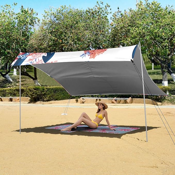 Bolaz Beach Canopy Tent Sun Shade9'×10.5' Large Family Beach Shade UPF50+- Outdoor Shade for Camping Trips FishingSeahorse Boat Anchor Pattern