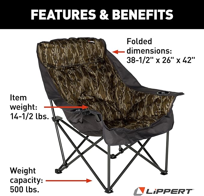 Lippert Mossy Oak Original Bottomland Camo Big Bear Padded Camping Chair with 400-lb. Weight Capacity Durable Mesh Fabrics Dual Cupholders Wine Glass Holder Carrying Bag - 2023053730