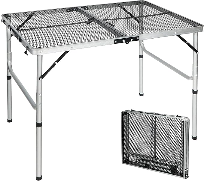 REDCAMP 36x24 Folding Grill Table for Outside Lightweight Portable Metal Aluminum Outdoor Grill Table with Adjustable Height Legs Great for Camping Picnic Cooking BBQ Silver 3ft