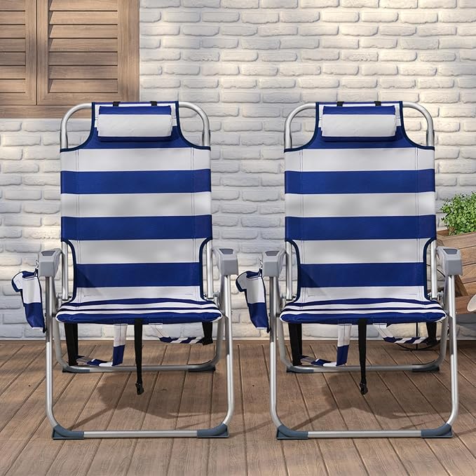 Tall Beach ChairFolding Backpack Beach Chair with 5 PositionsLightweight Beach Camping Chairs with Cooler BagCup HoldersTowel Barfor Adults (Blue Stripes)