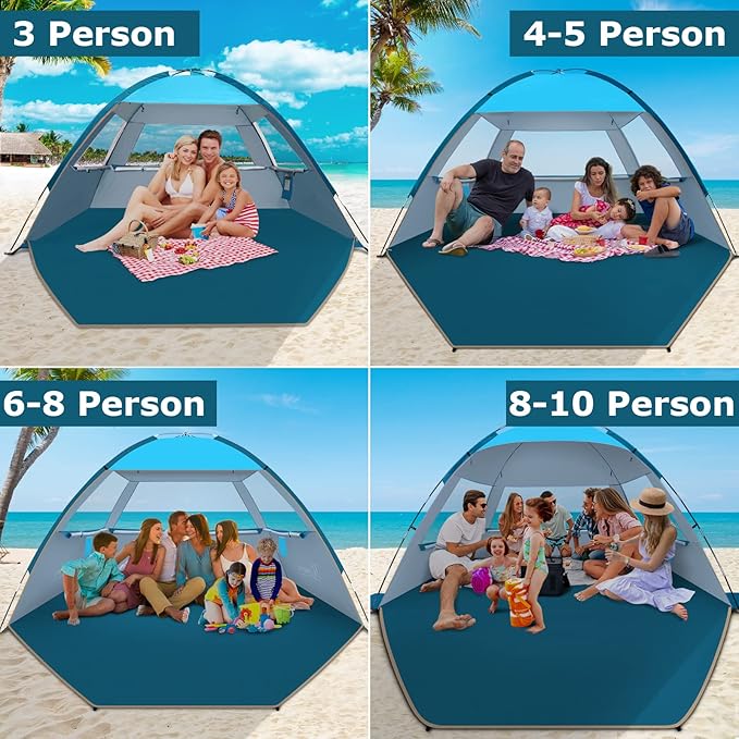 COMMOUDS Beach Tent Sun Shade for 3/4/6/8 Person UPF 50+ Beach Sun Shelter Canopy Tent Lightweight Easy Set Up and Carry