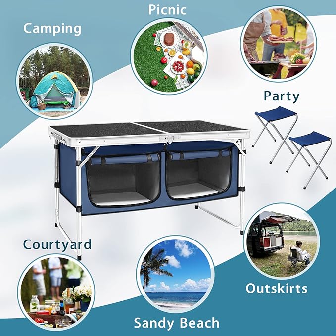 Folding Camping Table with Storage Compartment Aluminum Lightweight Camp Kitchen Table Height Adjustable Indoor/Outdoor Table Perfect for Tailgating Backyards BBQ Picnic (Black-Wide W/Stool)