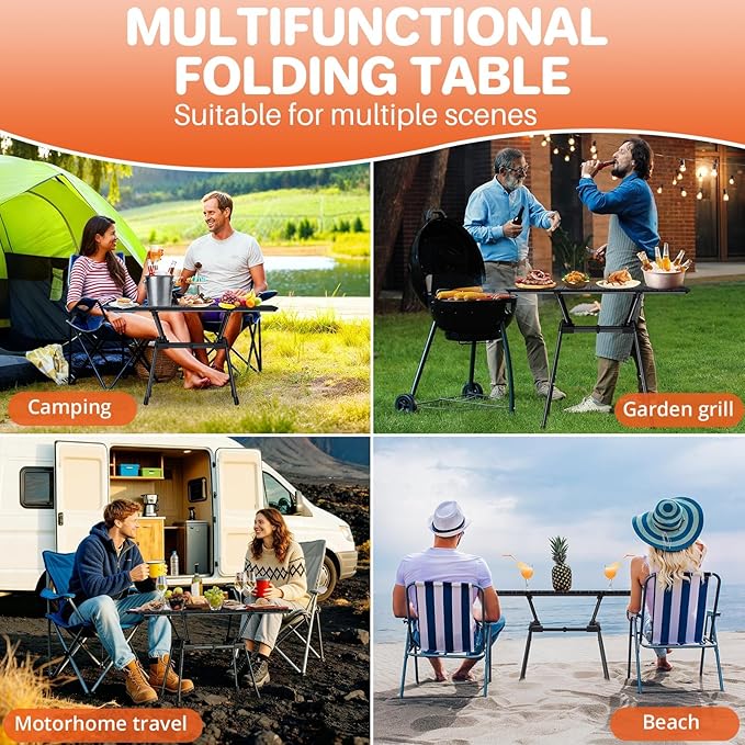 FUNYKICH 3ft Aluminum Roll Up Camping Table(L35''xW16'') 4 Height Adjustable Ultralight Folding Camp Table Up to 28'' Portable Tables with Carry Bag for Camping Picnic BBQ Party Backyard Beach