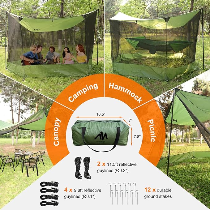 AYAMAYA Camping Tarp with Mosquito Net Large Size 18 x 11 FT Screen House for Hammock Lightweight Camping Hammock Tent Rain Fly with Bug Netting for Picnics Backyards Backpacking Beach