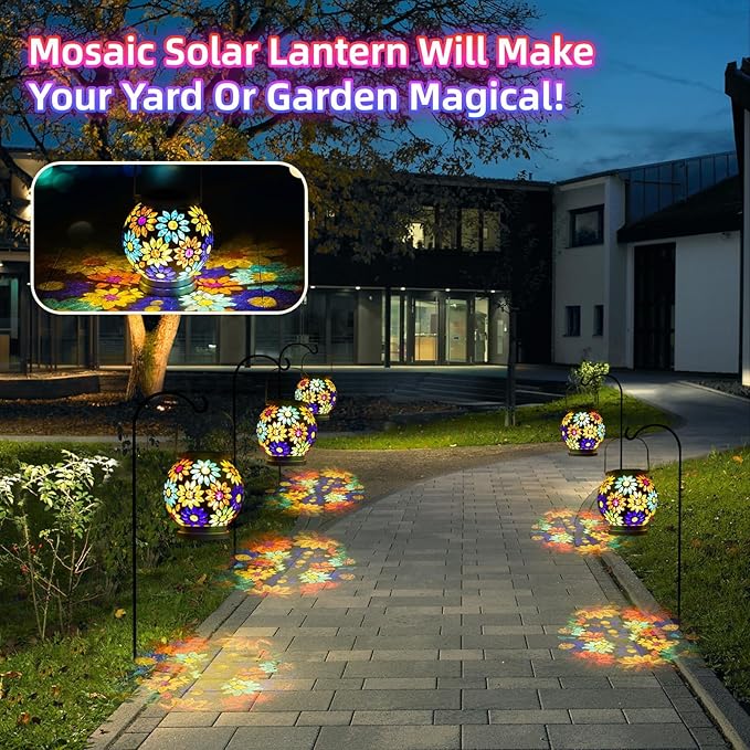 VOREEN Mosaic Solar Lanterns Handmade Outdoor Glass Hanging Lights Waterproof Solar Table Lamps Gift for Mom Wife Friend Decoration for Garden Patio Yard Party Balcony Floral Pattern