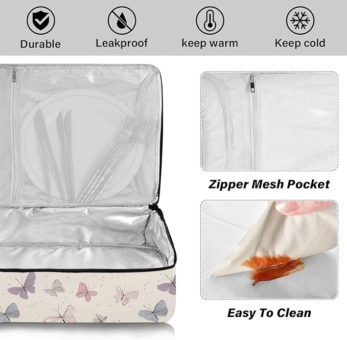 Casserole Carrier Pattern Pink Butterflies PrintInsulated Casserole Carrier for Hot or Cold Food Thermal Lunch Tote for Potluck Parties Picnic Beach Fits 9 x 13 Inches Baking Dish