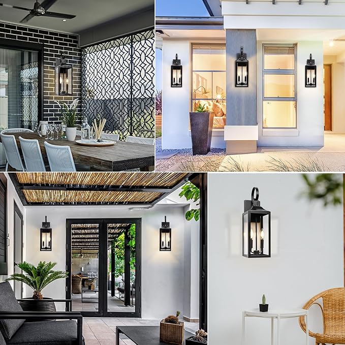 19 Black Outdoor Wall Lantern 2-Light Large Outside Modern Porch Sconce Light Fixture Industrial Porch Light Wall Mount with Glass Waterproof Farmhouse Exterior Lamp Lighting （1 Pack）