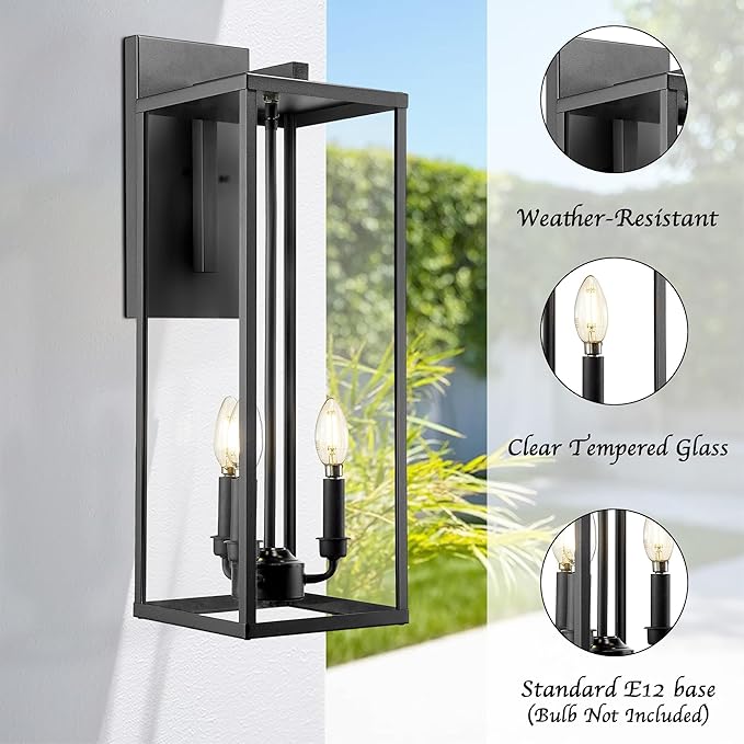 Bestshared Large Outdoor Wall Sconce 24'' Modern Black Outdoor Wall Lantern 3-Light Clear Glass Porch Light Weather Resistant Outside Light for House Entryway Garage Patio E12 Base(2Pack)