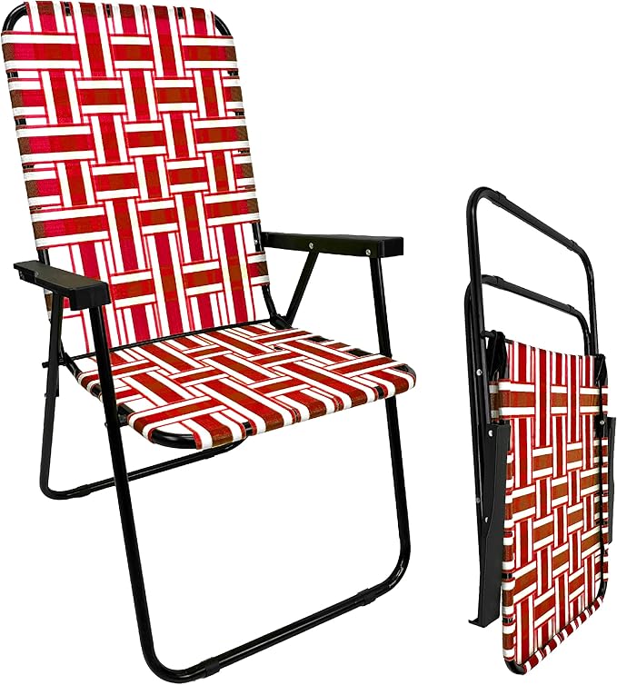 Lawn Chair Folding Steel Webbing Chaise Patio Lounger Seat Wood Handles Great for Camping Beach Fishing Backyard Stadium Pool Boating and Sports 2 Pack Red