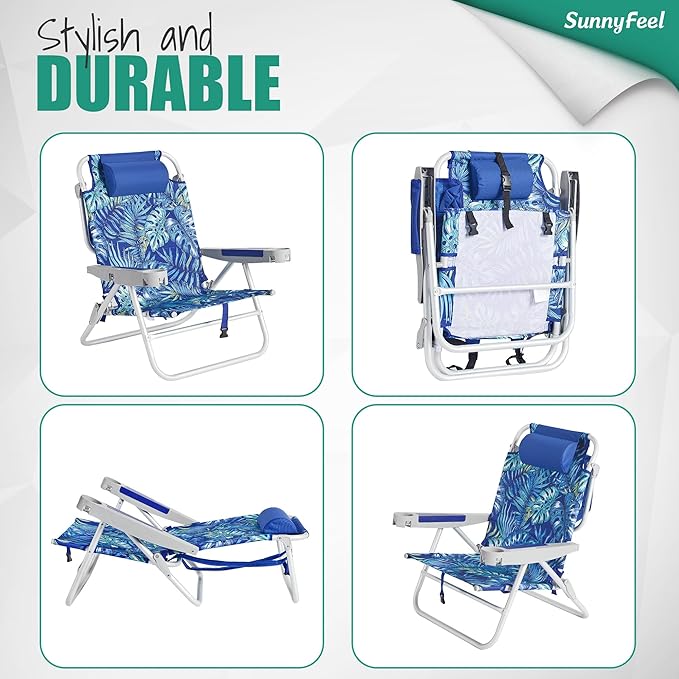 SUNNYFEEL Extra Wide Low Beach Chair 2 Pack 5 Position Lay XL Oversized Portable Folding Camping Chairs with Cup Holder for Outdoor/Sand Foldable Backpack Beach Chair for Adults Heavy Duty 500 LBS