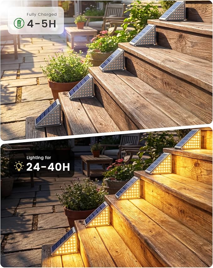 NIORSUN Outdoor Step Lights Upgraded 28 LEDs 2 Brightness Modes IP67 Waterproof Solar Stair Lights for Outside Steps 1200mAh Battery Long Runtime Warm White for Patio Deck Yard Porch 8 Pack