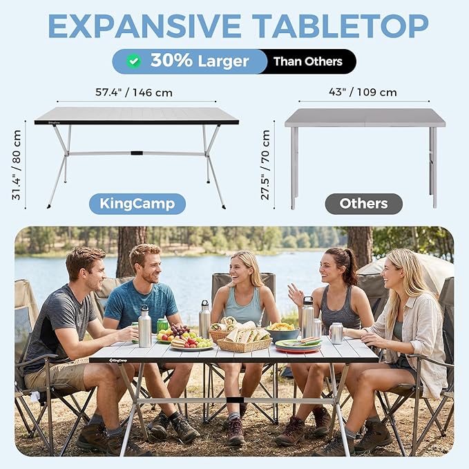 KingCamp Large Folding Camping Table Aluminum Roll Up Table Oversized Camp Table Stable Portable Outdoor Folding Table for Picnic Camping BBQ Backyard Party 57.4''×31.4'' 6-8 PersonSupport 176lbs