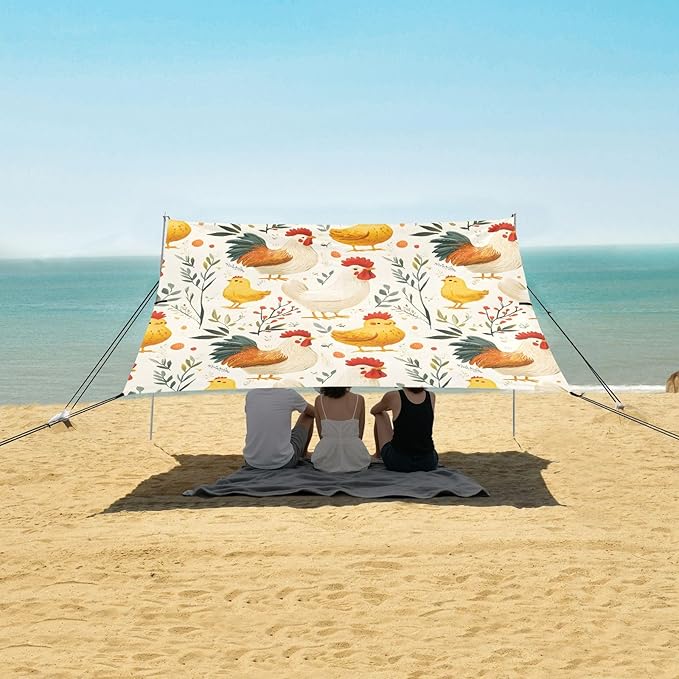 Rooster Hen Chicken Leave Pattern Camping Sun Shelter Beach Tent Portable Beach Sun Shade Outdoor Canopy for Camping Trips Fishing Picnic