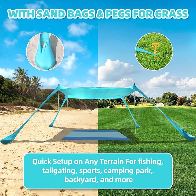 Beach Tent Sun Shelter UPF50+ 10x10 FT Family Beach Shade Canopy with 4 Aluminum Poles Beach Blanket Carrying Bag and Sand Shovel Outdoor Pop Up Tent for Beach Camping Trips