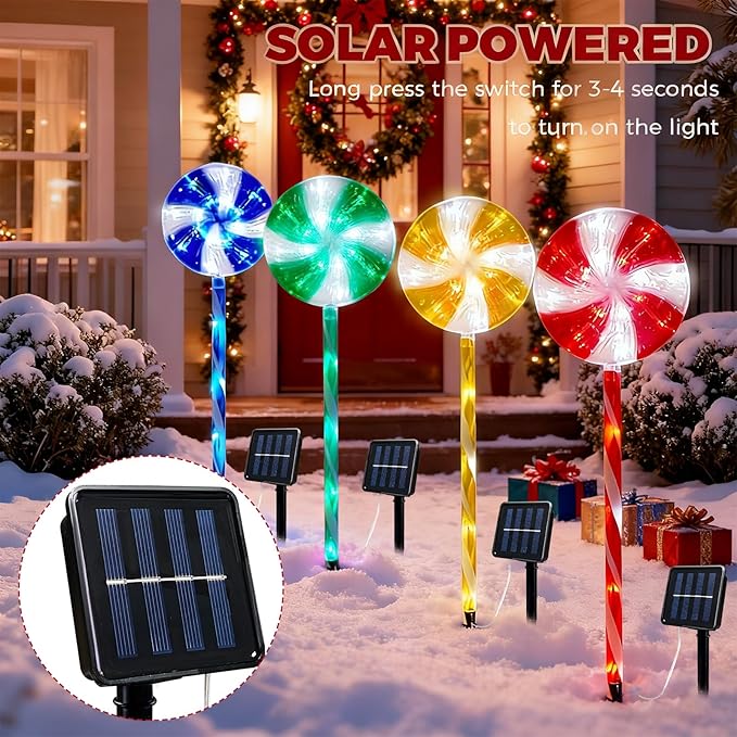 4PCS Lollipop Peppermint Solar Candy Cane Lights Outdoor - Christmas Solar Pathway Lights Christmas Lollipop Decorations 8 Modes Candy Cane Pathway Light for Outside Yard Walkway