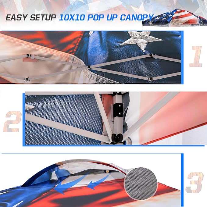 EAGLE PEAK Pop Up Canopy Tent with Wheeled Carry Bag 8 Stakes 4 Ropes 4 Weight Bags Easy Set Up Tent Canopy 10x10 ft 100sqft of Shade Stars and Stripes