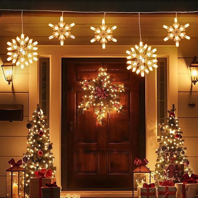 Snowflake Christmas String Lights with 9 Drops - 13ft 150 Mini Bulb Icicle Lights with Hooks Plug-in Connectable Hanging Lights for Christmas Home Indoor Outdoor Party Wedding Holiday Décor 2 Pack