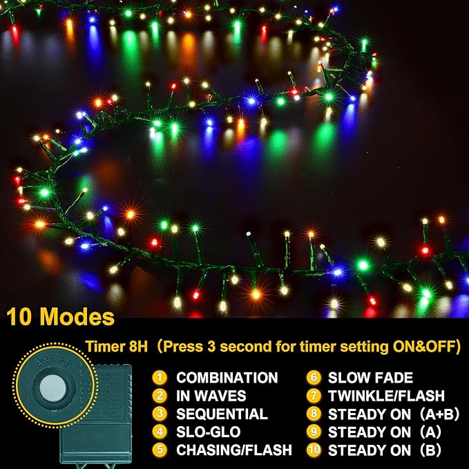 LAMPHOME 500 LED Christmas Outdoor Twinkle String Lights Extendable Holiday DecorationPlug in Lights with 10 Functions and Timer Waterproof for Outdoor Home Party Bedroom-Warm White&ampMulticolour