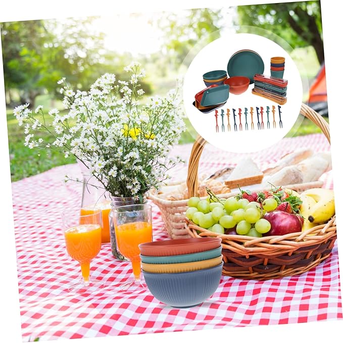 BESPORTBLE Lightweight Portable Wheat Straw Tableware with Soup Bowl Dish Plate Cup Cutlery Fork Spoon Chopsticks Smooth Edges Safe Outdoor Dinnerware for Camping Picnic Hiking Beach Bbq