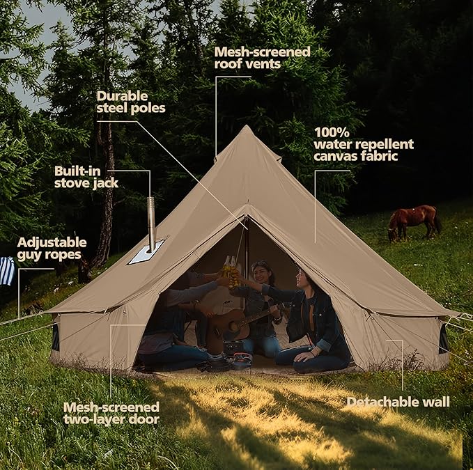 Cotton Canvas Bell Tent Waterproof Large Tents with Sturdy Center &amp Door Pole and Space for 4/6/8 Person All 4 Season Camping Yurt Tent